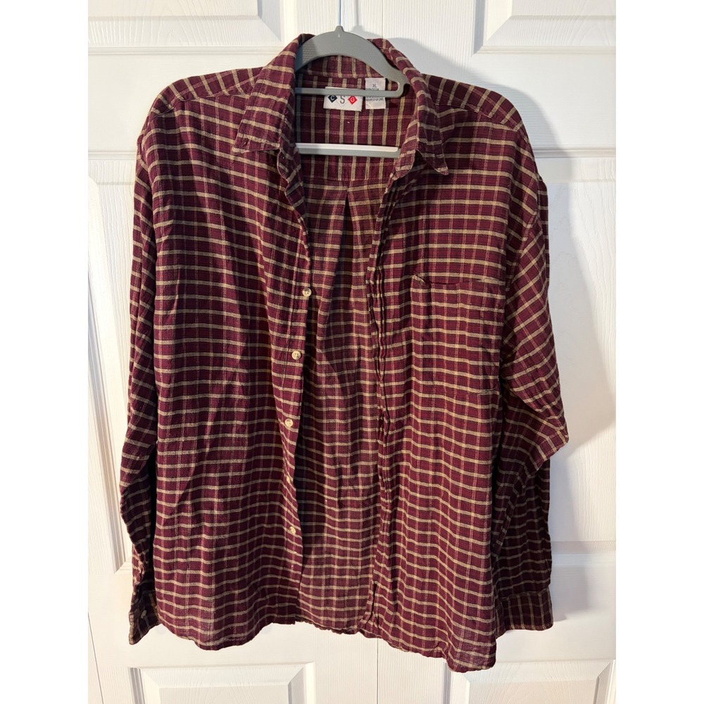 CSG Mens XL Plaid Button Down Shirt Burgundy Tan Long Sleeve Cotton Distressed